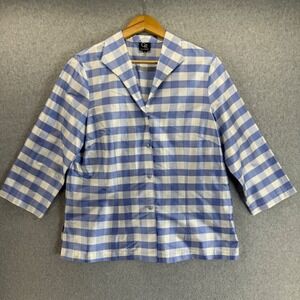 Connie Roberson Button-Up Top Blue White‎ Gingham 3/4 Sleeve Blouse Jacket Large